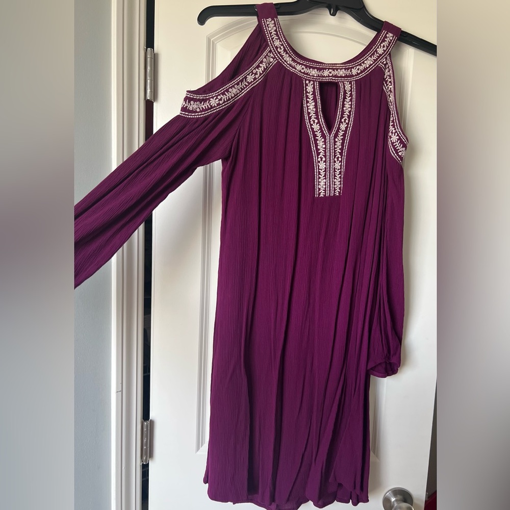 Burgundy Cold-Shoulder Embroidered Dress